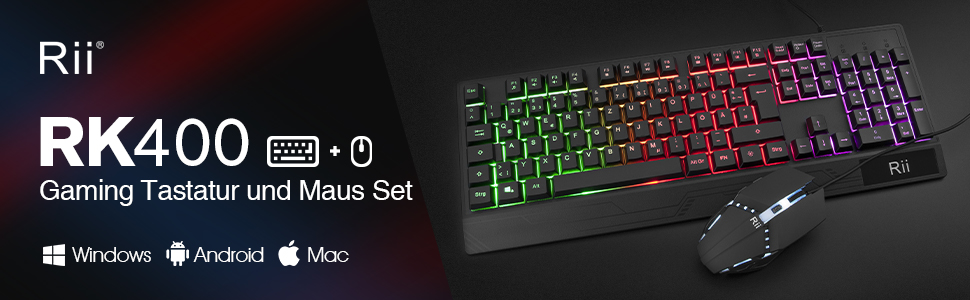 Rii Комплект ігрової клавіатури та миші, RGB підсвічування, QWERTZ (DE-розкладка), водонепроникна клавіатура та миша USB з 3200 DPI для професійних геймерів