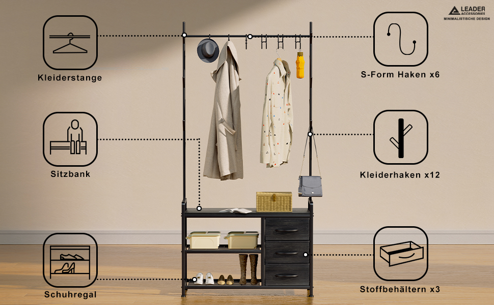 Вішалка для одягу з лавкою Leader Accessories, метал, чорний/чорне дерево, 176x30x84 см