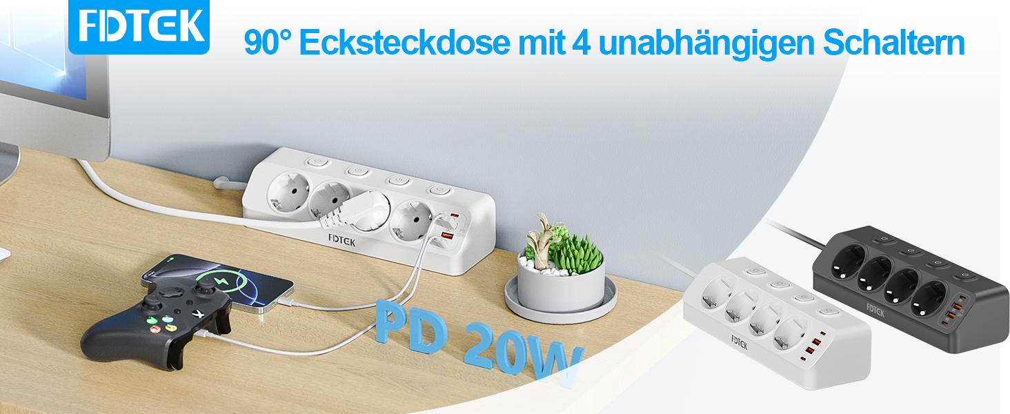 Мережевий адаптер PD 20W з плоским штеплером, розетка FDTEK на 4 слоти з індивідуальним вимикачем, 4000W, 16A, USB-C, розетка для столу з вимикачем, настільна розетка з кабелем 2м (білий)