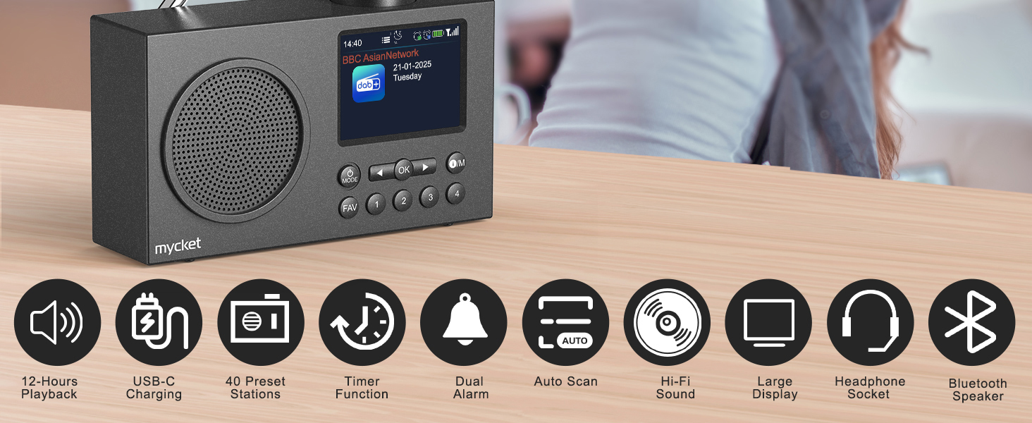 Портативне DAB/DAB+ радіо з цифровим радіо UKW, FM, Bluetooth 5.0, двома будильниками, 40 попередніх станцій та 2.4