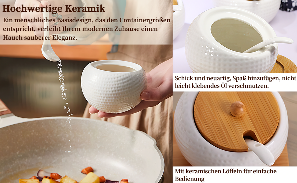 Набір керамічних баночок для спецій, 3 шт. з бамбуковими кришками, ложками та підставкою. Об'єм 170 мл. Підходять для кави, цукру, солі та спецій.