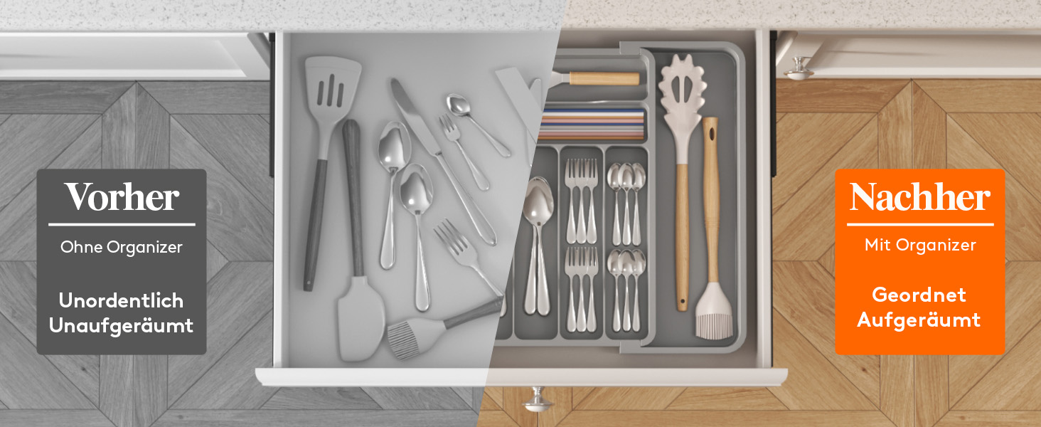 Органайзер для столових приборів Lifewit в шухляду, розсувний, пластиковий, 7-9 відділень, сірий, глибокий 38 см - великий розмір