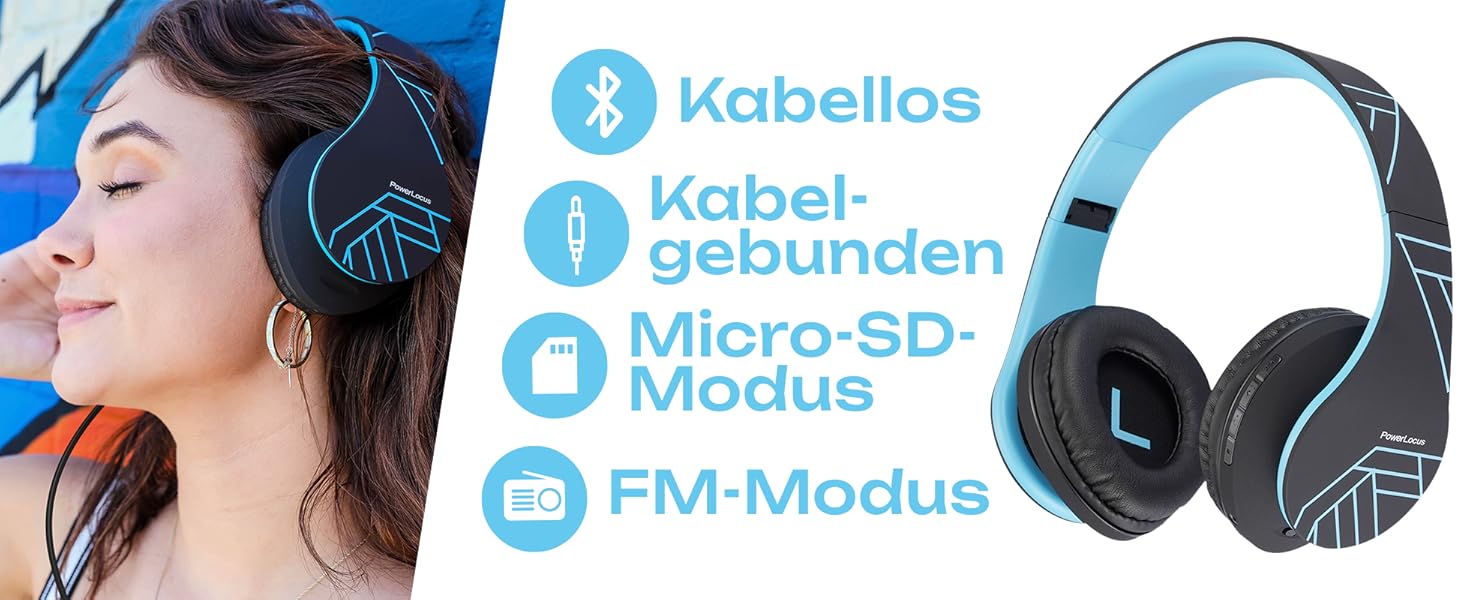 Бездротові навушники PowerLocus Over-Ear з Bluetooth, мікрофоном, складна конструкція, м'які амбушюри, Hi-Fi стерео звук, бас, для дітей та дорослих, TV/PC/Home Office (Чорний/Синій)