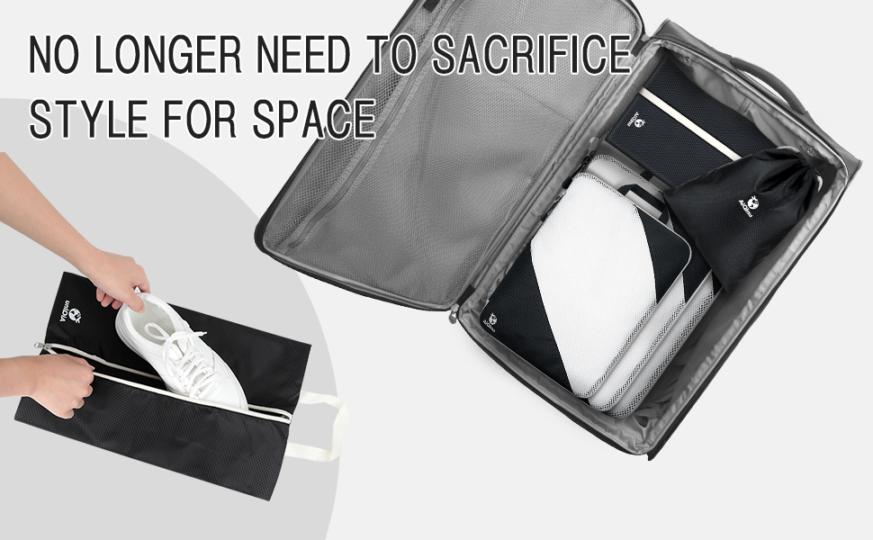 Органайзери для валіз AiQInu, 5 шт. - Набір для пакування з компресійними мішками, мішок для білизни та для взуття. Легкі, розширювані, для ручної поклажі (Чорний)