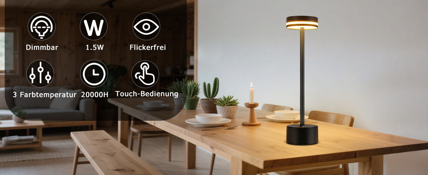 Настільна LED лампа акумуляторна 2 в 1 Schwarz - бездротова нічна лампа з димером, USB-C зарядка, сенсорне керування, для спальні, вітальні, офісу - чорна