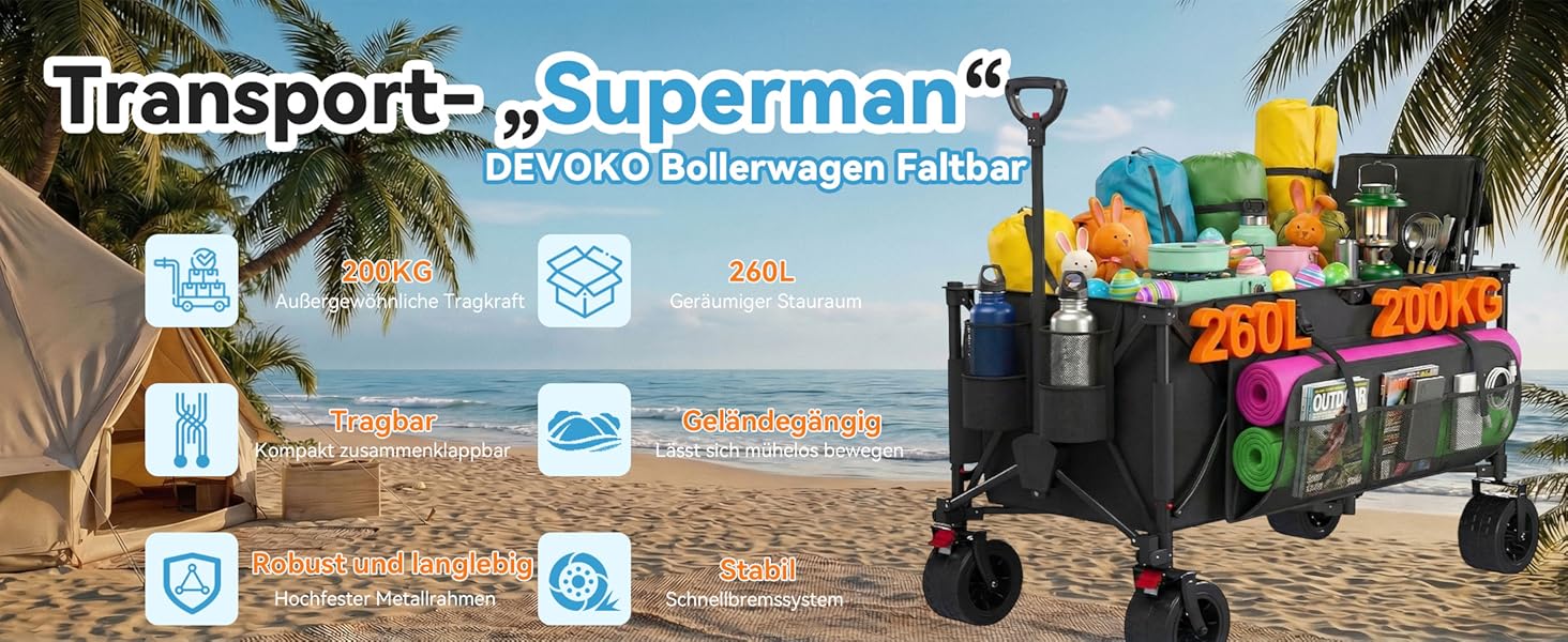 Візок-тележка Devoko 260L складний, вантажопідйомність 200 кг, з гальмом, регульованою ручкою, 3 відділення для зберігання, чорний – для пляжу, кемпінгу, покупок