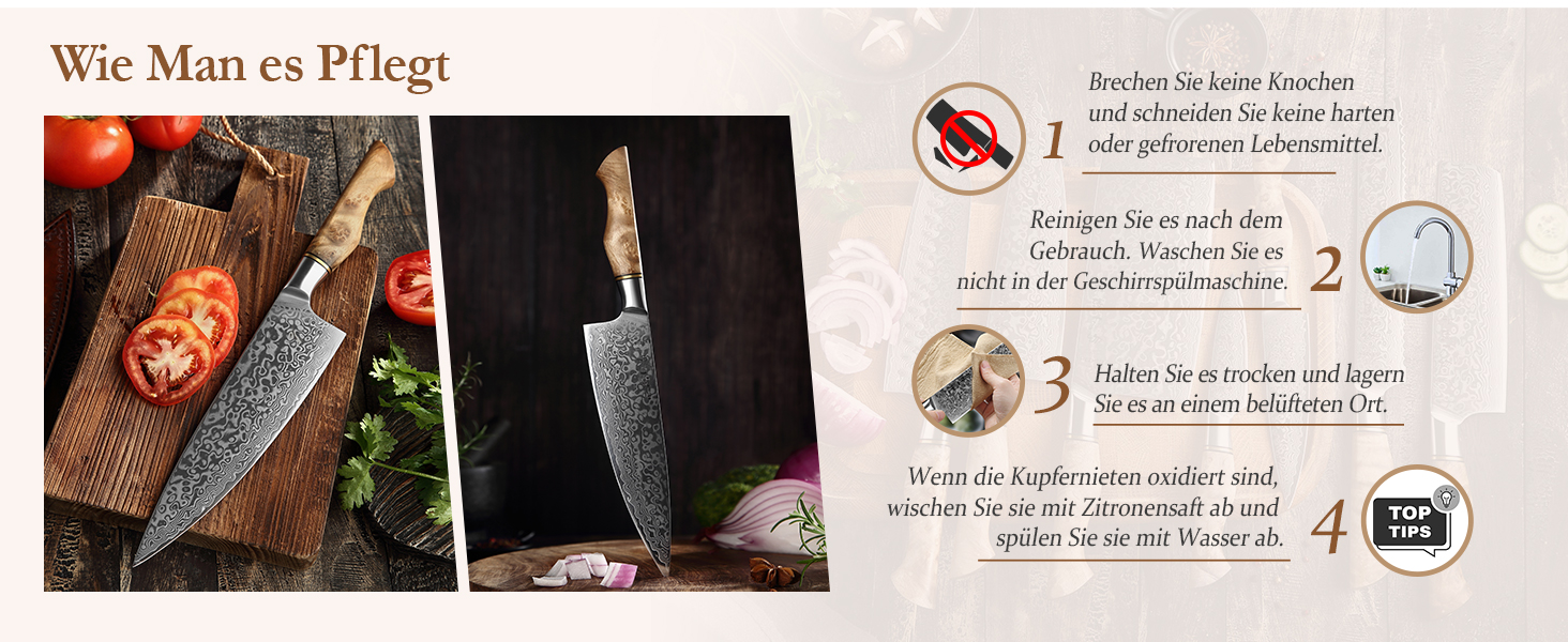 HEZHEN Професійний ніж кухарський 21 см Дамаск, VG10, серія Gyuto Master, кухонний ніж з ручкою з берези для дому та ресторану