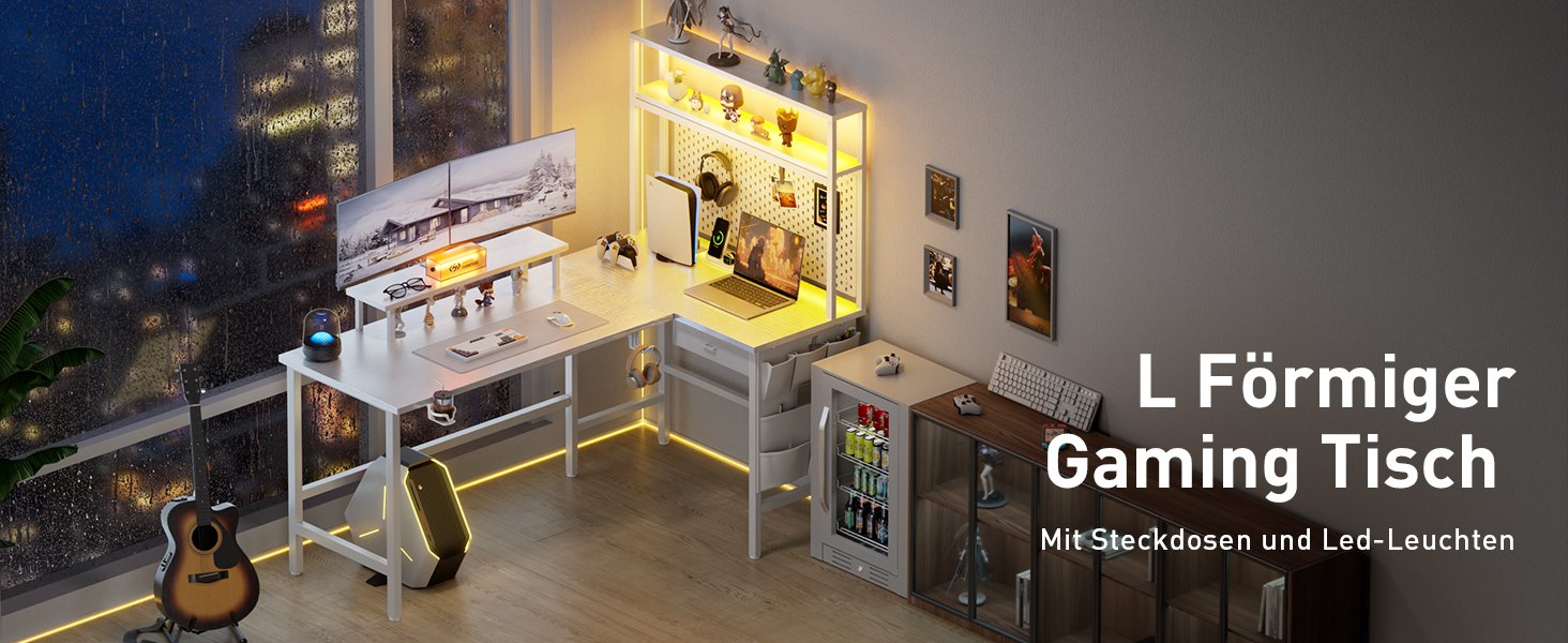 Ігровий стіл кутовий 150x100 см з 3 розетками та 2 USB, зворотний, з LED підсвічуванням, з ящиками та підставкою для монітора. Білий кутовий ігровий комп'ютерний стіл 170x100 см.