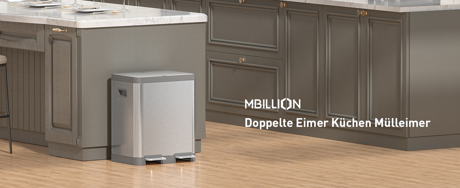 Відро для сміття Mbillion кухонне подвійне 20+20л, нержавіюча сталь, з кришкою та знімними відрами, сріблястий