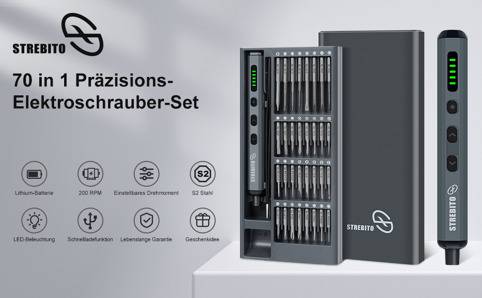 Міні-шуруповерт STREBITO 70-в-1: комплект з 64 бітами, 5 режимів крутного моменту, LED-підсвічуванням, сірий