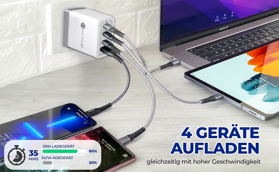 Мережевий адаптер USB 33W з 4 портами, швидка зарядка QC 3.0, для iPhone 16/15/14/13/12/11, Samsung, iPad та інші пристрої