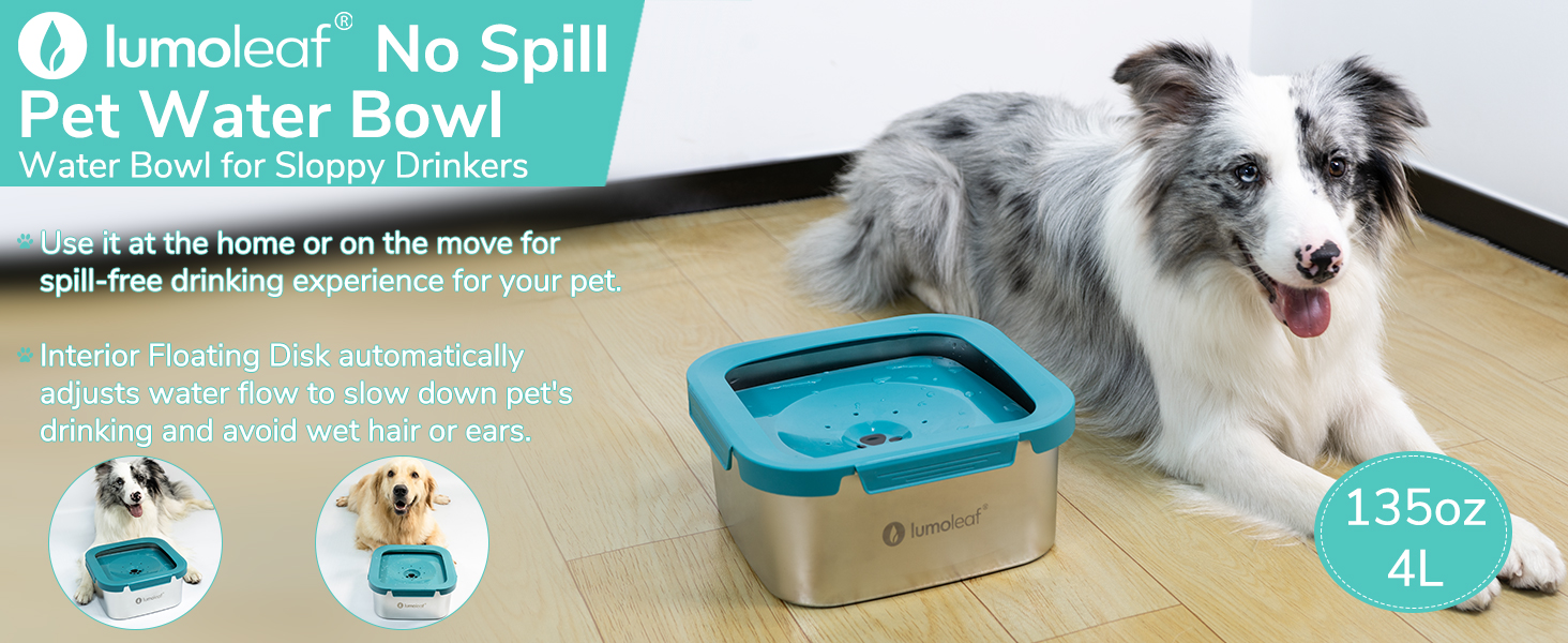 Миска для води для собак LumoLeaf, 4 літри, не протікає, з нержавіючої сталі, антиковзаюча, для подорожей, з фільтром, блакитна