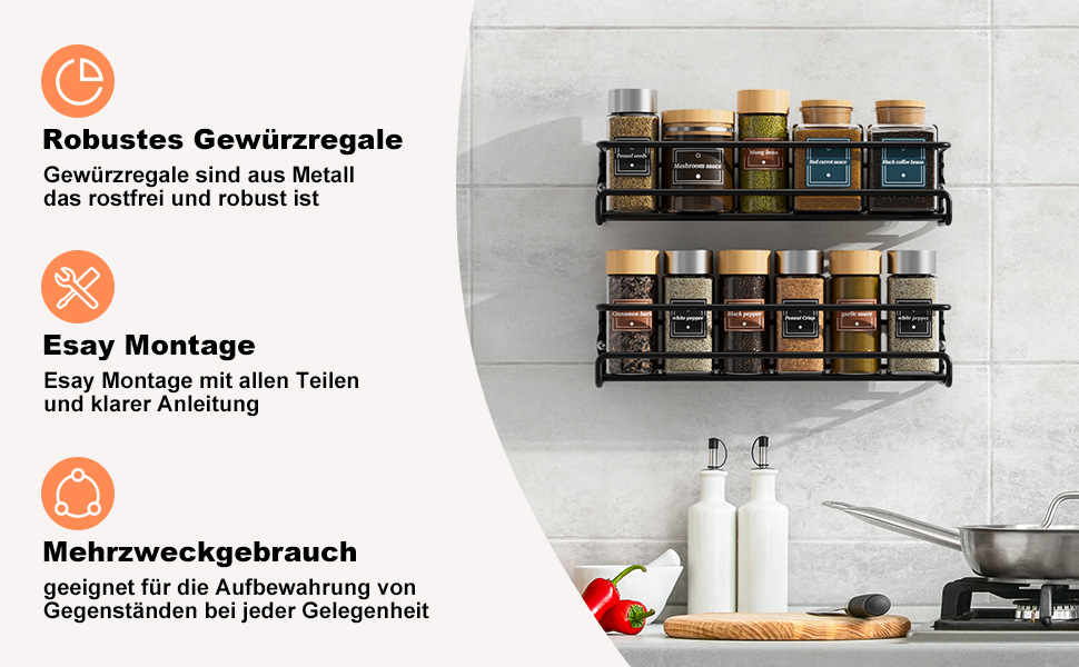 Настінна полиця для спецій, 2 шт. Організатор для спецій без свердління, металевий тримач для спецій з кріпленням на липучках та гвинтами, для кухонної шафи та комори