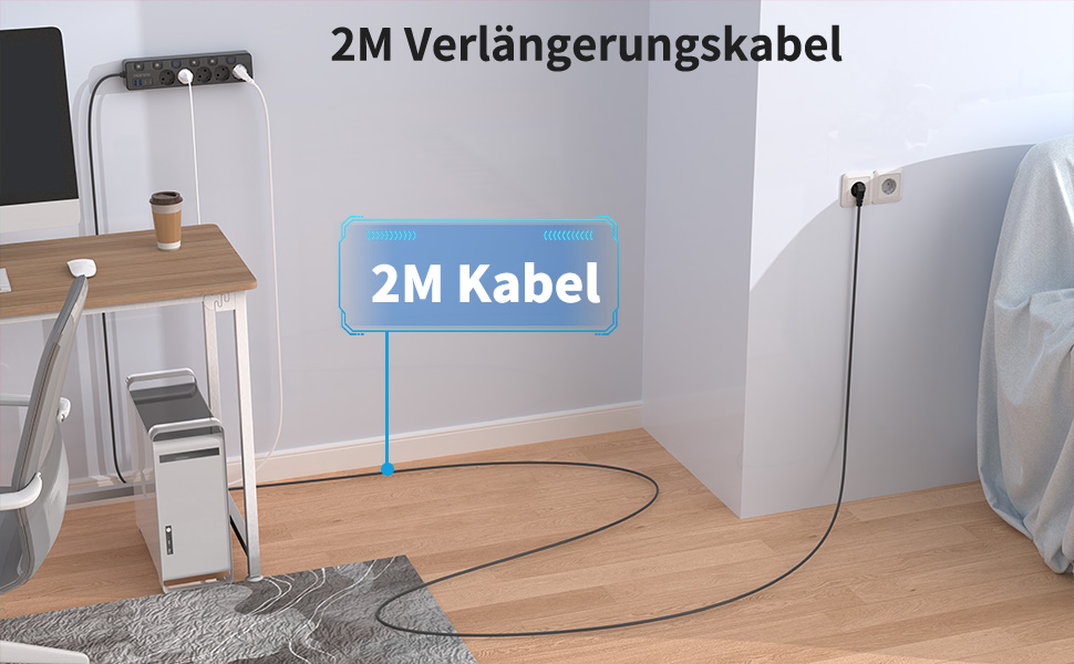 Мережевий фільтр 9-в-1 з індивідуальним вимикачем, 5 розеток, 4 USB-порти (3680W, 16A), захист від перенапруги 1050 Дж, настінний монтаж, 2 м кабель - для дому, офісу та подорожей, чорний