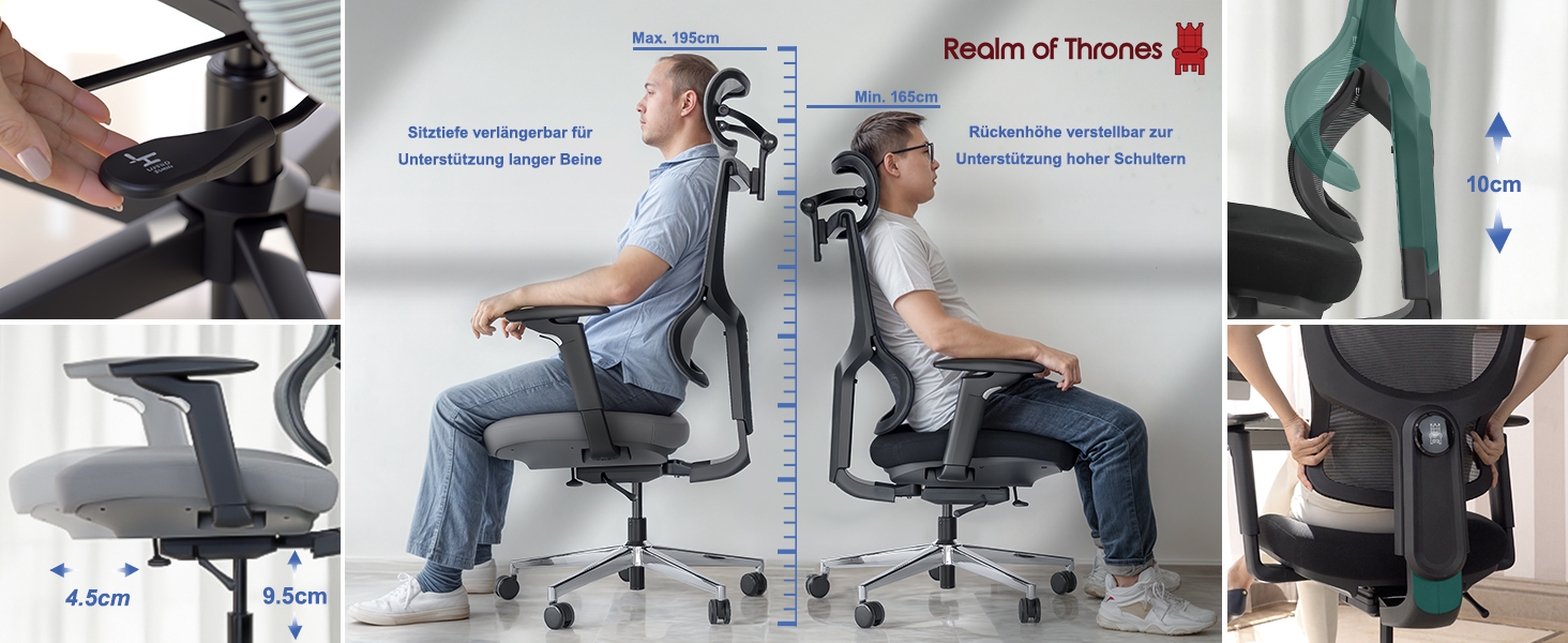 Офісний стіл Realm of Thrones CAPTAIN Deluxe: ергономічний стілець з регульованою поперековою підтримкою, дихаюча спинка, комфортне сидіння, сталева база, відкидні підлокітники (сірий)