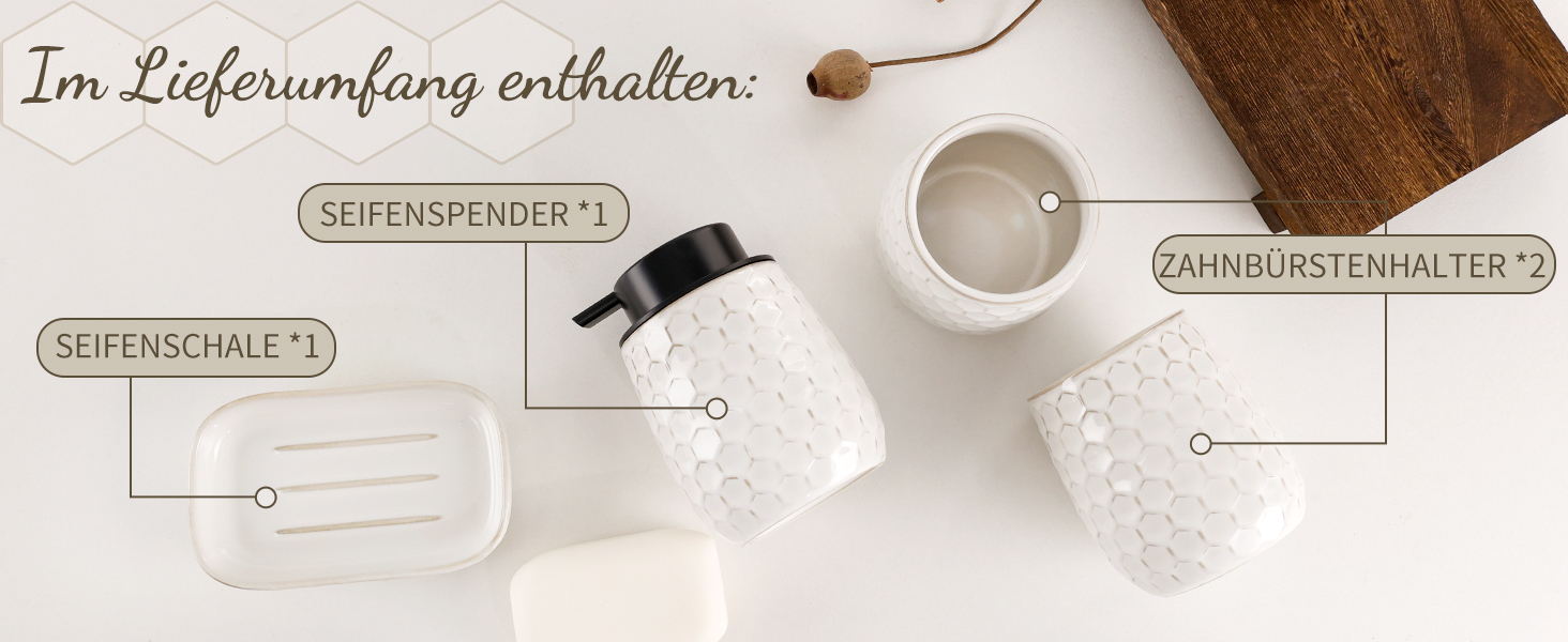 Набір для ванної кімнати: органайзер з кераміки (4 шт.) - дозатор мила 400 мл, стакан для зубної щітки, мильниця, декор преміум-якість (бежевий)