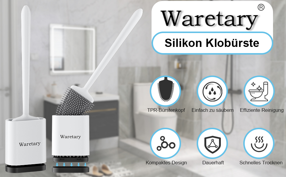 Набір для чищення унітазу Waretary з силіконовою щіткою та підставкою з нержавіючої сталі, гнучкий наконечник для глибокого очищення, швидковисихаючий, настінний/підлоговий для ванної кімнати (білий)