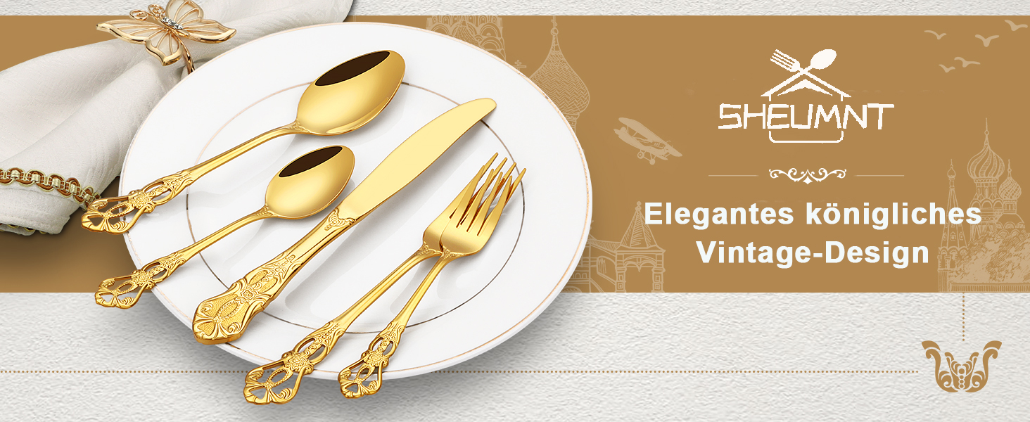 Набір столових приборів Retro Gold на 6 осіб, 24 предмети, нержавіюча сталь, античний бароковий дизайн, золотий колір