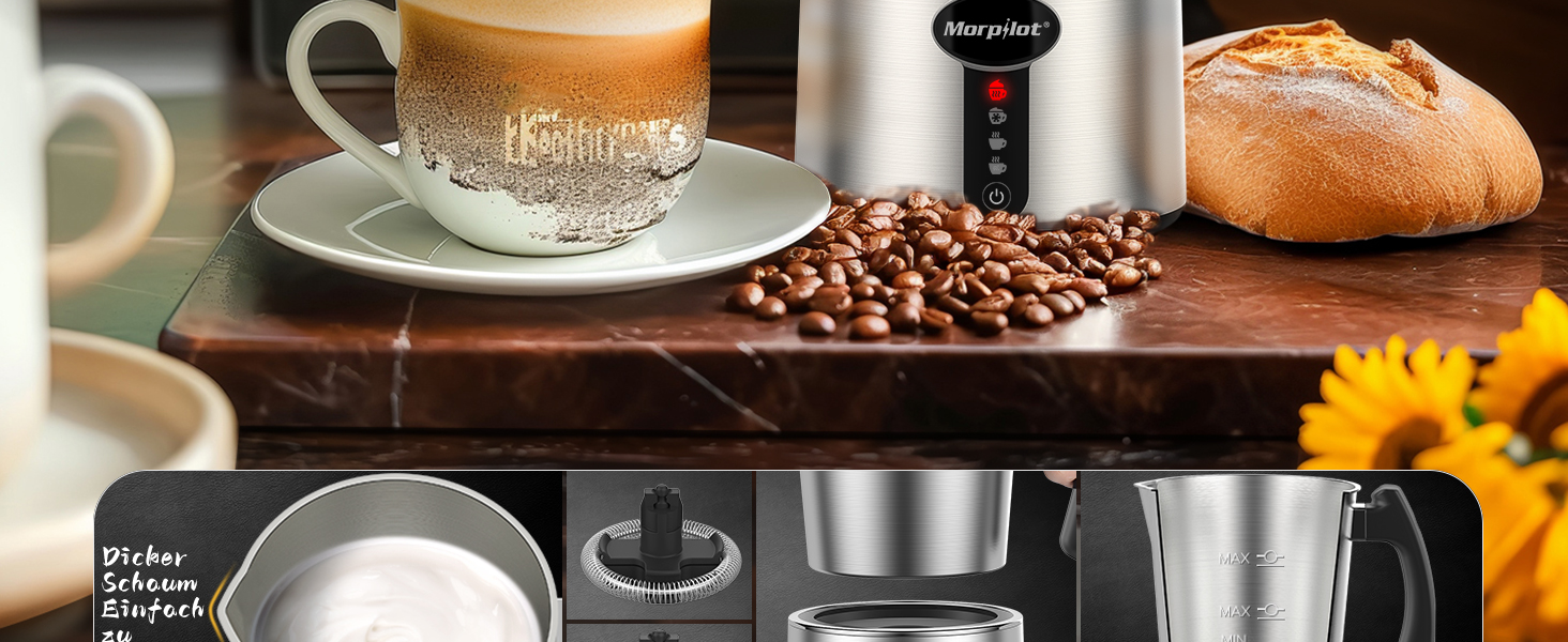 Електричний піноутворювач для молока Morpilot, 500 мл, 650 Вт, нержавіюча сталь, миється в посудомийній машині, для гарячого та холодного молока, шоколаду, антипригарне покриття