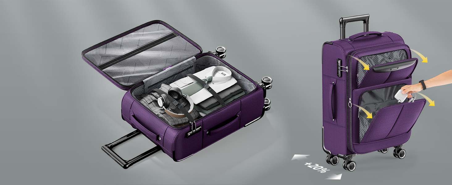 Набір валіз SHOWKOO 3 шт. з м'якою шкаралупою, розширюваний, легкий, міцний, з TSA замком та 4 колесами (фіолетовий)