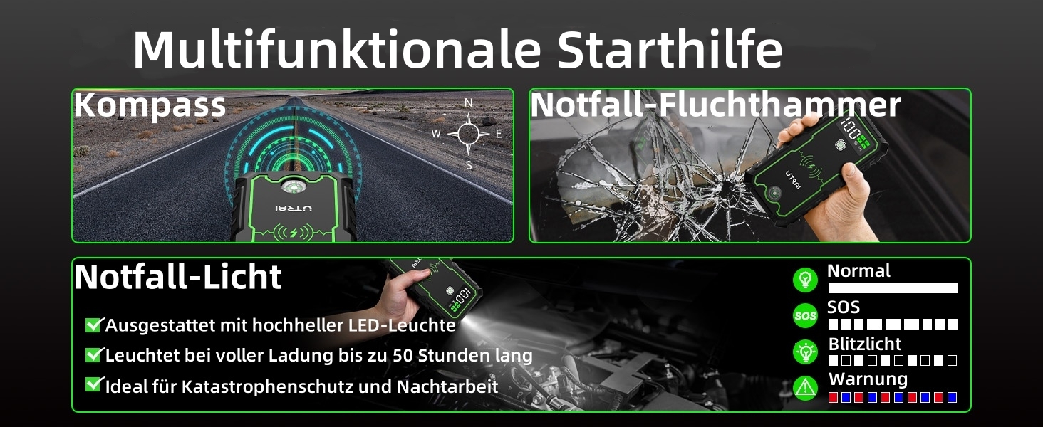 Powerbank UTRAI Starthilfe: Портативний пусковий пристрій для автомобіля 27000mAh, 3600A, з бездротовим зарядним пристроєм 10W та ліхтариком 4 LED