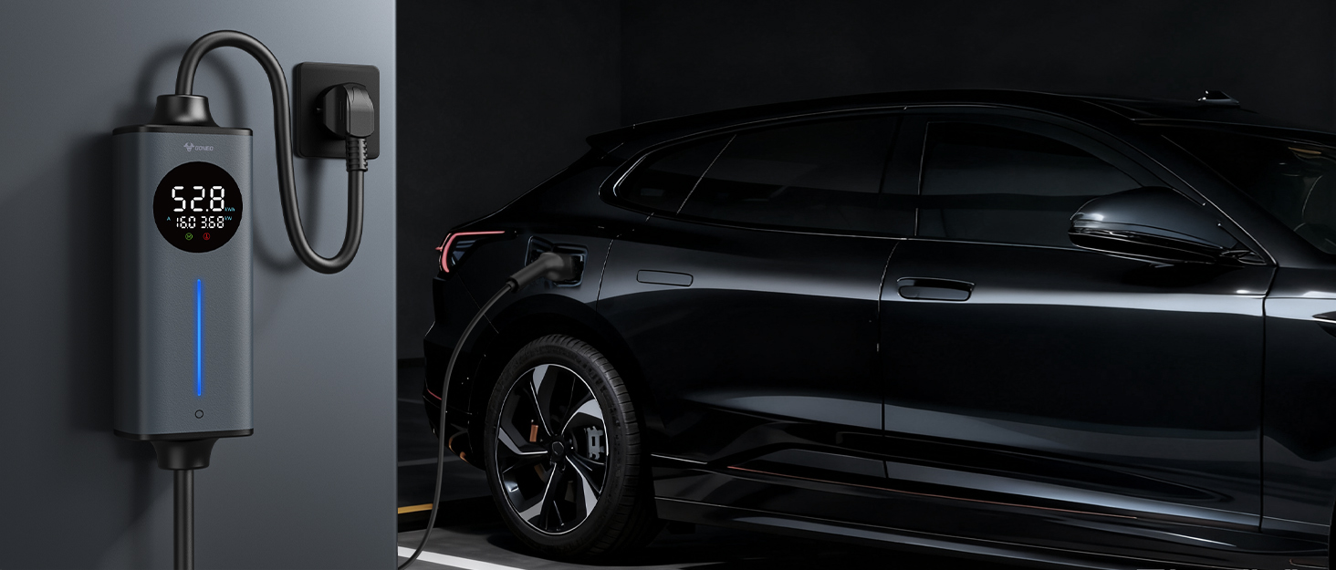 Кабель для електромобіля GONEO Typ 2 Schuko, 10м, 16A, 3.68 кВт - Портативна зарядка з захистом FI, автоматичним заземленням та контролем температури, таймер для електромобіля, сертифікат TÜV