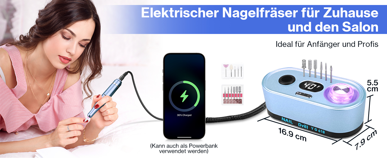Електрична шліфувальна машинка для нігтів, професійна, 40000 об/хв, LCD манікюр/педикюр, набір з багатофункціональною базою, портативна, з підсвічуванням, сенсорне керування (Світло-блакитний)