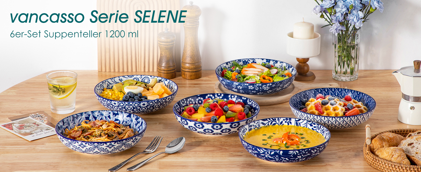 Набір кавових чашок з блюдцями Vancasso Cappuccino SELENE 6шт, 240мл, блакитно-білий вінтаж, високоякісний фарфор, для миття в посудомийній машині та використання в мікрохвильовці