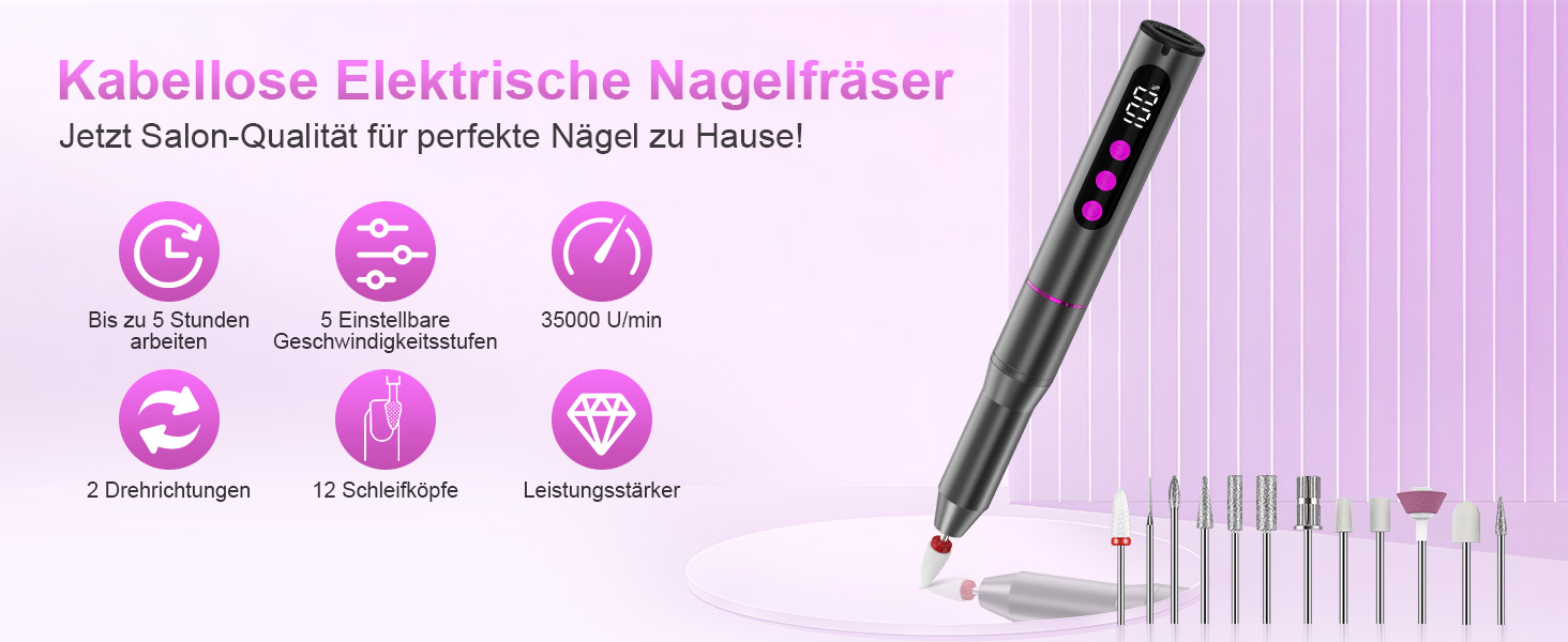 Електричний фрезер для нігтів Nagelfräser - 12 в 1, 35000 об/хв, для гелю, акрилу, манікюру та педикюру, сірий