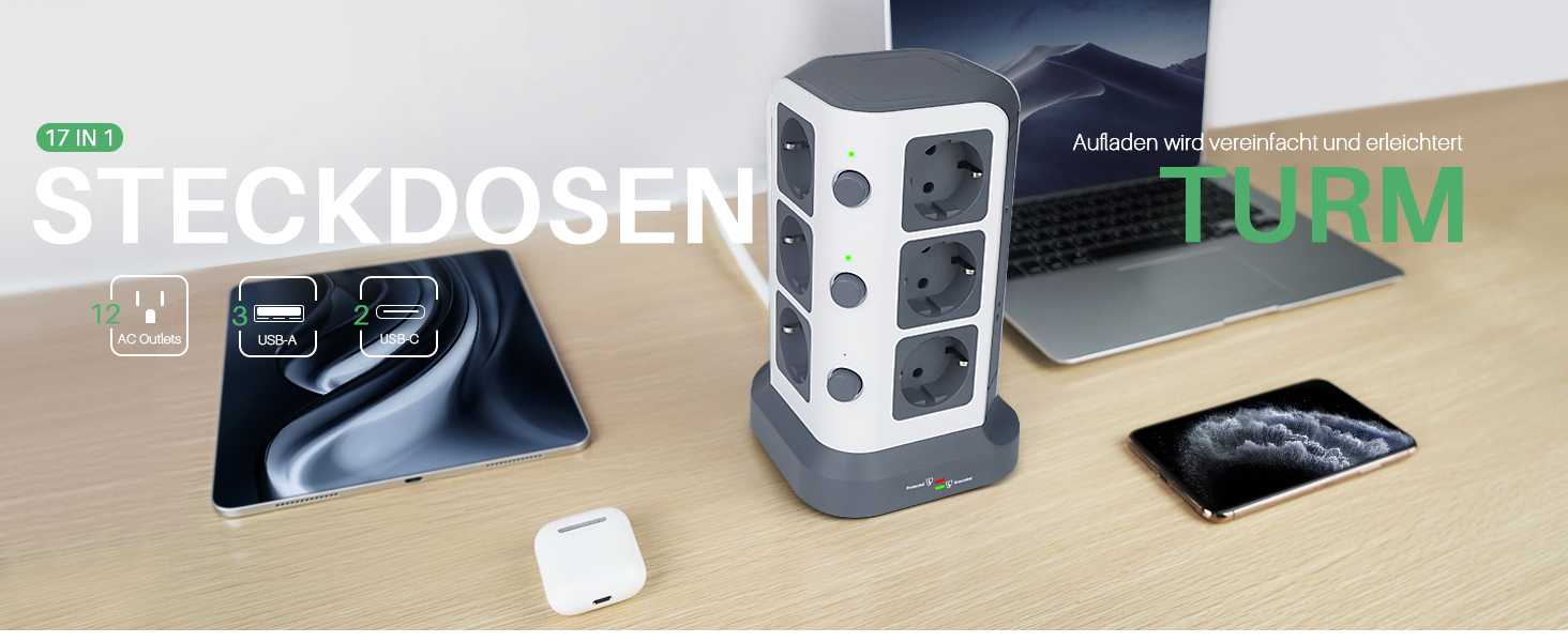 Блок розеток KOOSLA з USB-C, 12 розеток, 3680W/16A, захист від перенапруги 1500J, індивідуальне вмикання, 5м кабель, сірий
