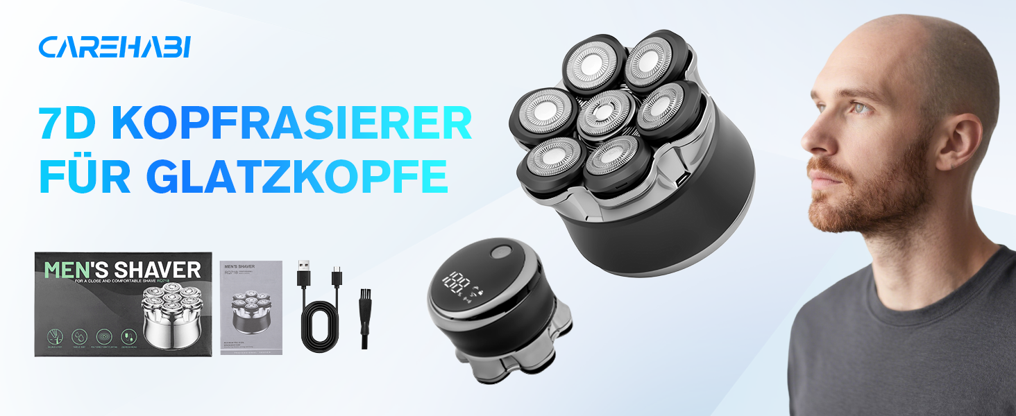 Електричний бритва Carehabi для гоління голови, чоловічий, водонепроникний IPX6, 7D плаваючі головки, LED-дисплей, акумуляторна, для сухого та вологого гоління, для подорожей