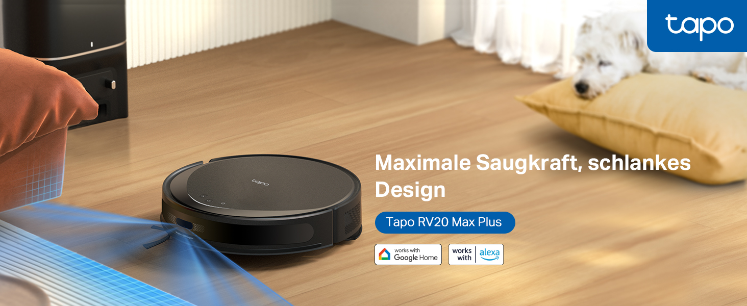 Робот-пилосос Tapo RV20 Max Plus з функцією миття та автоматичною станцією самостійного очищення, 5300Pa потужність всмоктування, 83 мм товщина, сумісний з Alexa & Google Assistant, керування через додаток