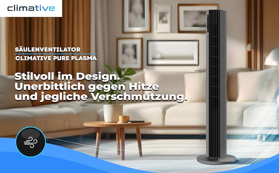Турбовентилятор 110 см з пультом керування, тихий вентилятор-вежа, 30W, 12 швидкостей, таймер 12h, іонізація, охолоджувач повітря PURE Plasma, білий (сірий)