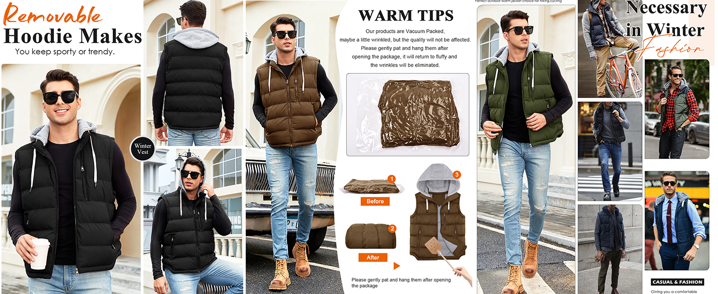 Чоловіча степкова жилетка Vancavoo на осінь/зиму з капюшоном, чорна, розмір M