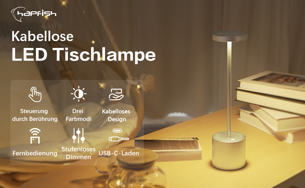 LED-лампа Hapfish на акумуляторі, 8000mAh, бездротова, з пультом, алюміній, 3 режими, регулювання яскравості, для столу, нічника, балкону (срібна)