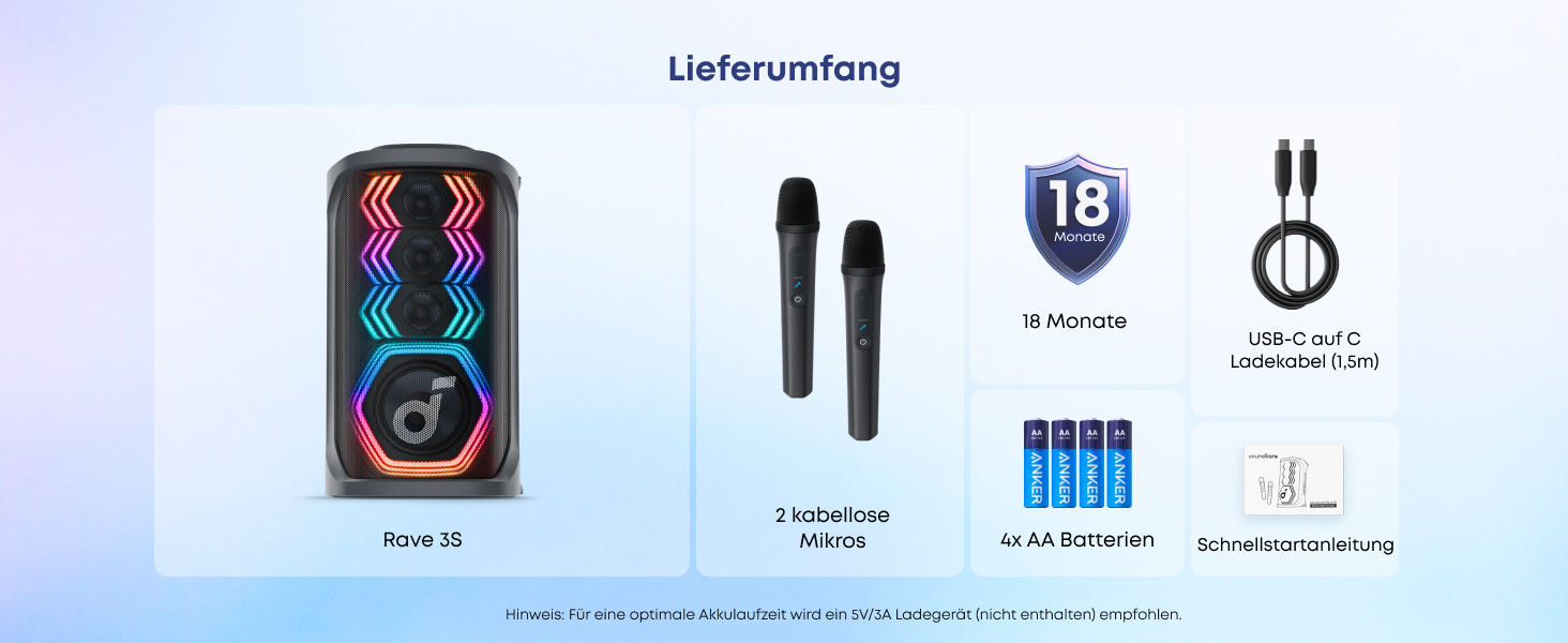 Soundcore PartyBox Rave 3S – портативна колонка з мікрофонами, 200 Вт, Bluetooth, світлодіодна підсвітка, AuraCast, 12 годин роботи, для дому та вулиці