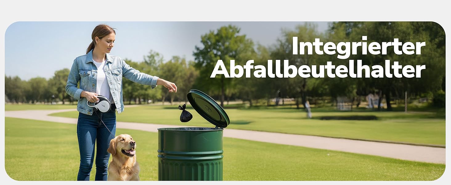 Рулетка для собак 8 м з тримачем для відходів – міцна витяжна повідка для маленьких, середніх та великих собак – повідка з нейлоновим шнуром 360°, антиковзний руків'я та кнопка швидкого гальмування 8 м