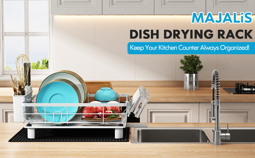 Сушарка для посуду MAJALiS 2-ярусна з піддоном та килимком, з тримачем для столових приборів, чорна (біло-чорна)