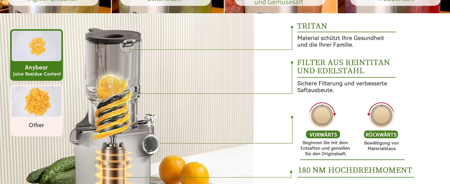 Anybear Швидкий соковичавник холодного віджиму 200W | Tritan, BPA-Free | Для цілих фруктів/овочів | З рецептами соків (Сріблястий)