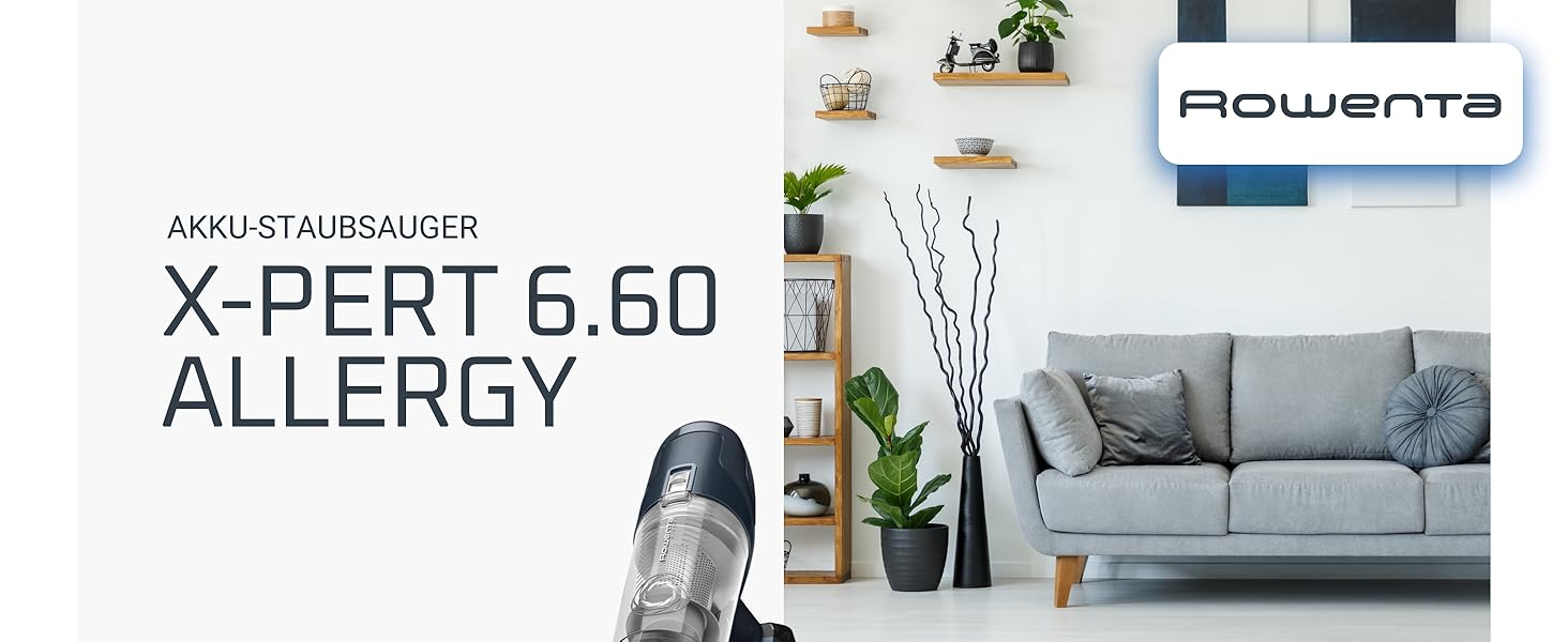 Rowenta X-Pert 6.60 акумуляторний пилосос: потужність 100W, 45 хв роботи, бездротовий, без мішка, LED-насадка, легкий, 0,55 л контейнер для сміття, насадка для щілин та кріплення на стіну, чорний/темно-сірий, RH6831EO