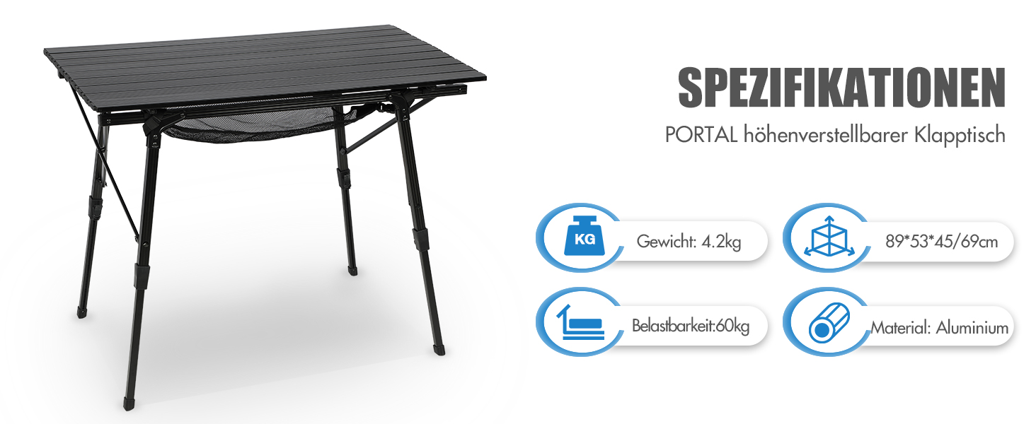 Розкладний столик для кемпінгу PORTAL з регулюванням висоти 45-70 см, 90 x 53 см, з колесами, алюміній, срібний