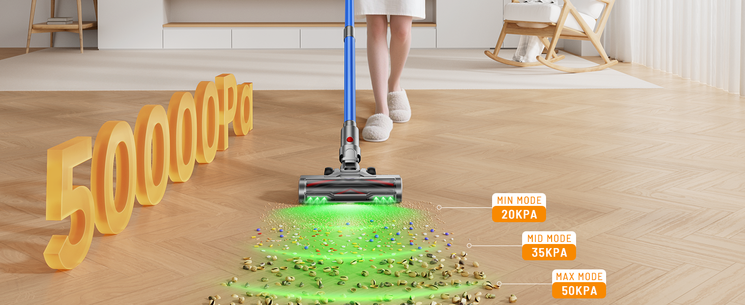 Бездротовий акумуляторний пилосос 600W з потужністю всмоктування 50KPA, 70 хвилин роботи, великий пилозбірник 1,8L, антизаплутана щітка, 8-рівнева фільтрація, підходить для твердих поверхонь, килимів та шерсті тварин, колір - блакитний