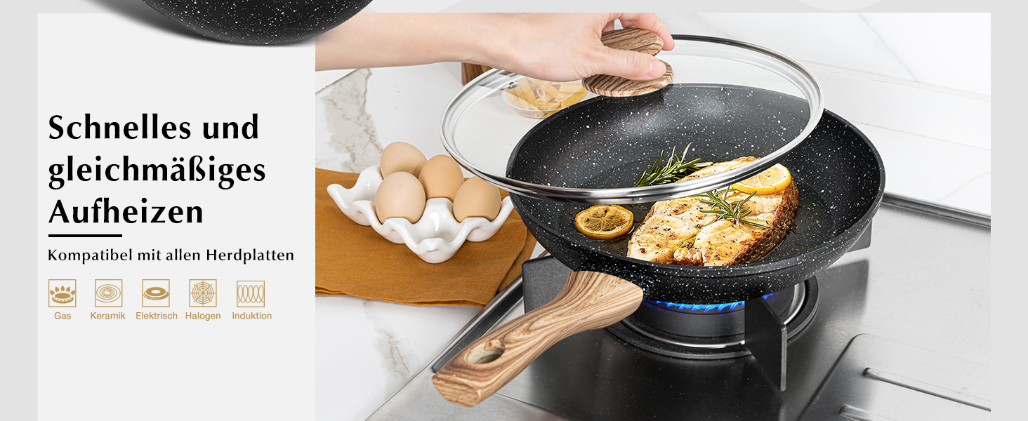 Сковорода з антипригарним покриттям Michelangelo з кришкою 28 см, глибока сковорода для смаження та тушкування, чорна, підходить для індукційних плит