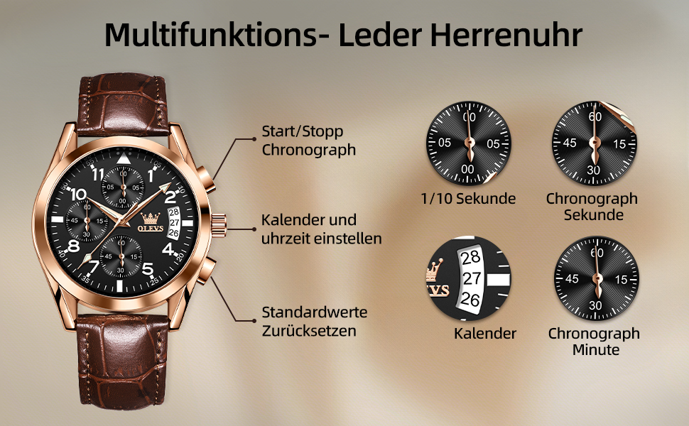 Чоловічий годинник OLEVS Vintage з шкіряним ремінцем, велике циферблат, водонепроникний, аналоговий годинник з датою (2878, чорний циферблат/коричневий ремінець)