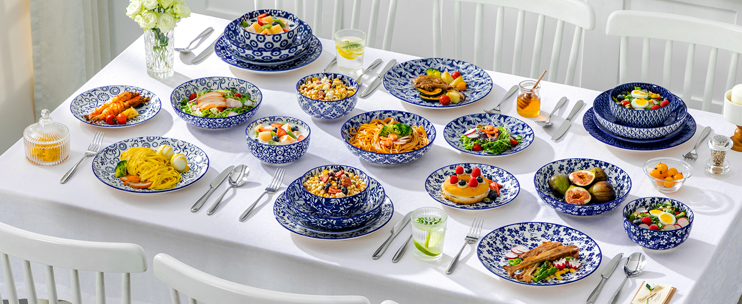 Набір посуду на 6 осіб Vancasso Selene 24 частини: тарілки, супові тарілки, салатники, миски. Керамічний сервіз з порцеляни, блакитно-білий.