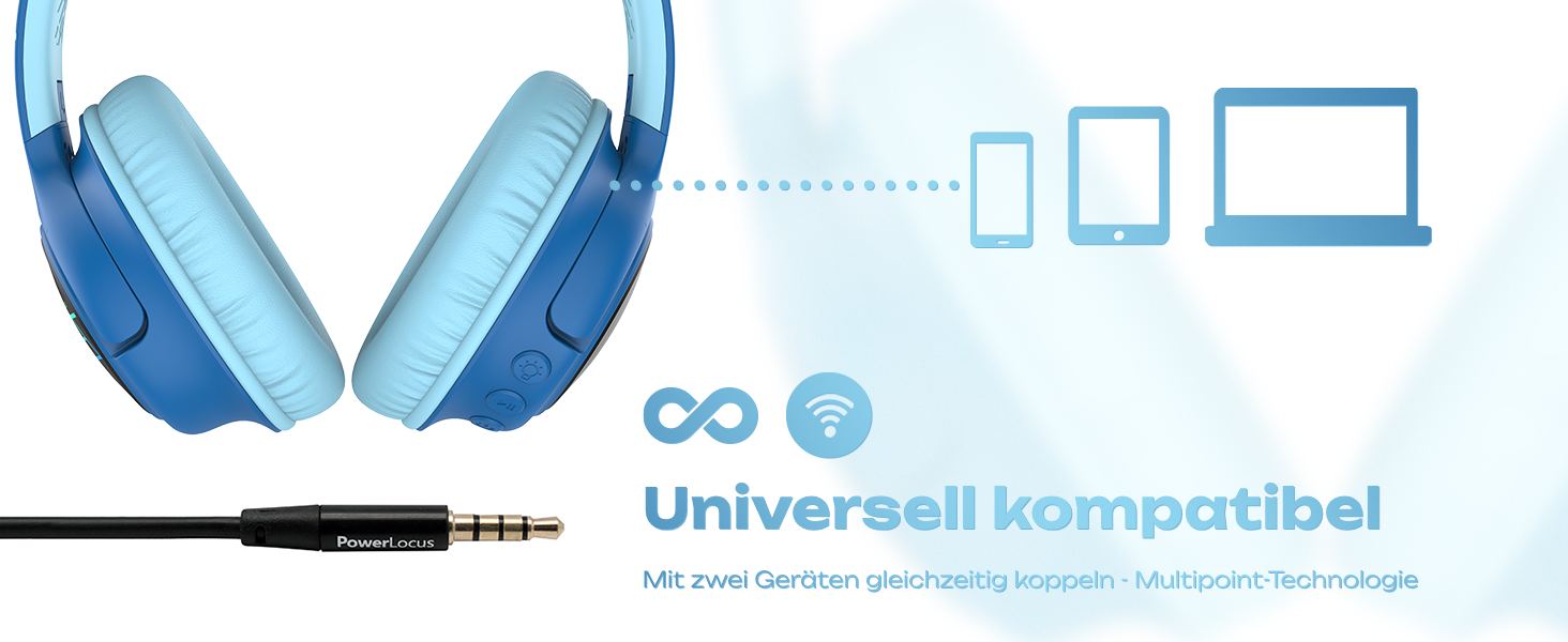 Дитячі навушники PowerLocus Bobo Bluetooth з обмеженням гучності, LED-підсвічуванням, складні, з мікрофоном для телефону/планшета/подорожей (блакитний/чорний)