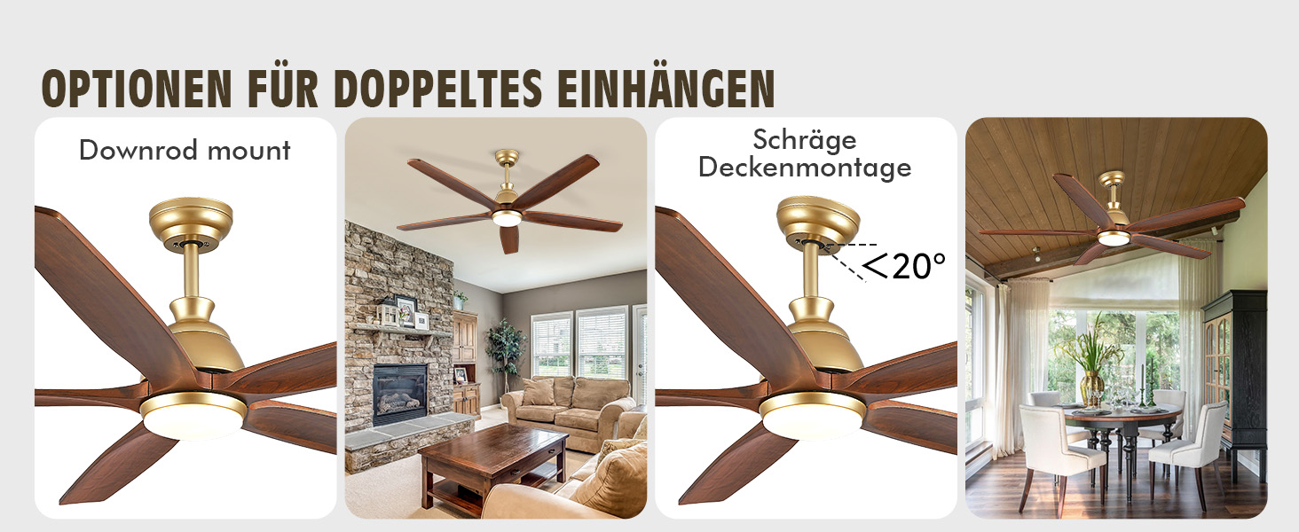 Дзеркальний вентилятор для стелі з дерева, без освітлення, з пультом керування, тихий, для вологого приміщення, 132 см (52 дюйми), коричневий, 5 лопатей