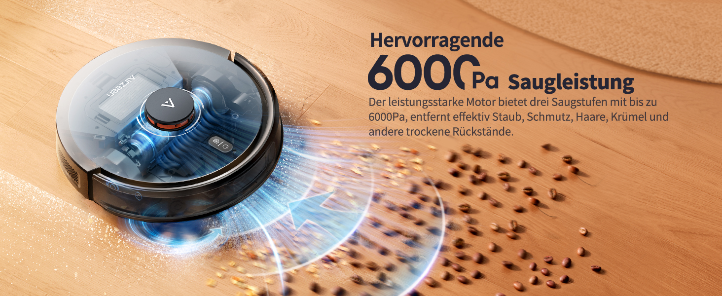 Робот-пилосос Airzeen Q10 Pro S з вологою, 6000Pa, LiDAR, керування через APP та Alexa, для дому, килимів, шерсті тварин, чорний