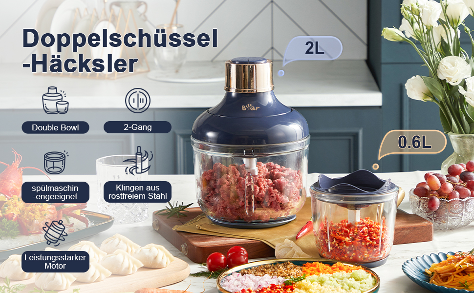 Електричний подрібнювач Bear Mini 0.6L+2L: подрібнювач для м'яса, овочів, фруктів та дитячого харчування з 4-ма лезами з нержавіючої сталі та м'ясорубкою