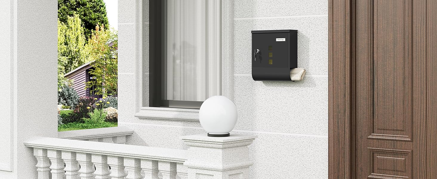 Поштовий ящик WOLTU з газетницею, оглядовим вікном та табличкою для імені, настінний, замиканий (2 ключі), сучасний дизайн, чорний (30,5x33,5x9 см)